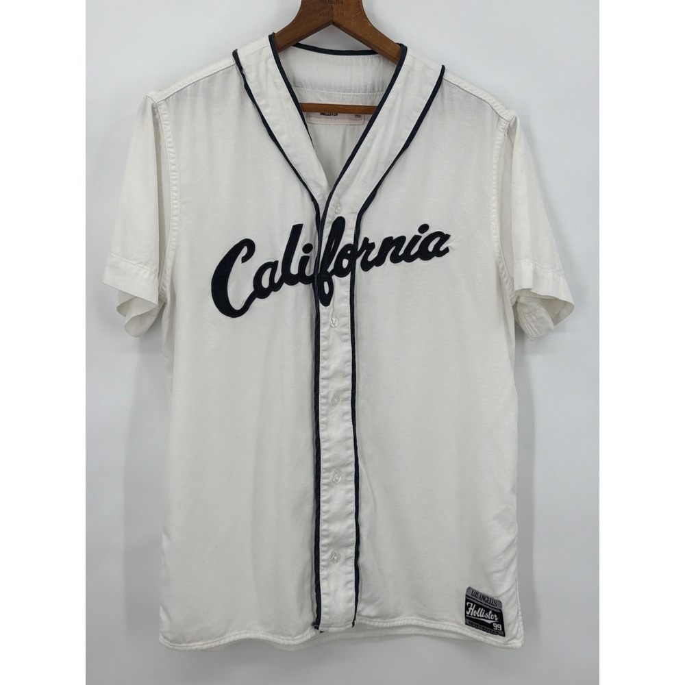 Vintage Hollister California‎ Baseball Jersey Mens Small White Navy Embroidered